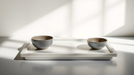 Two bowls on a white tray.の素材