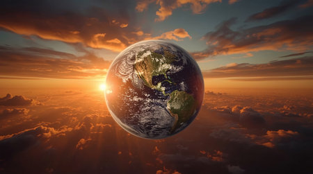 Earth planet view from space during sunrise 3D renderingの素材
