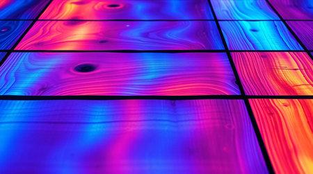 abstract background of colored wooden boards in neon light, close up.の素材