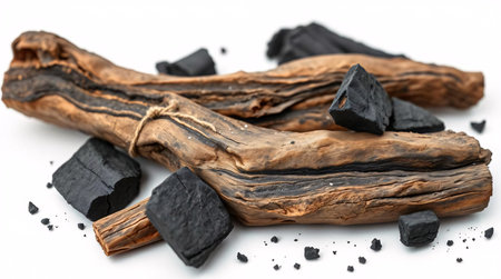 Dry tree bark with coal on a white background.の素材