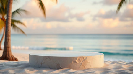 3d render of white marble podium on tropical sand beach with palm tree and sea background.の素材
