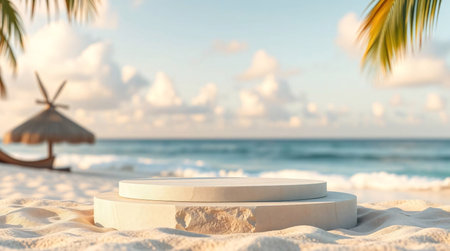 3d render of white rocky podium on the sandy beach by the ocean.の素材