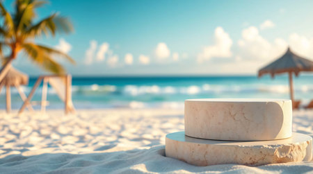 White marble podium on sandy beach with palm trees background.の素材