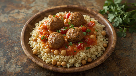 Couscous with chickpeas and meatballs in tomato sauce.の素材