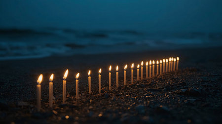 Burning candles on the beach in the evening. Selective focus.の素材