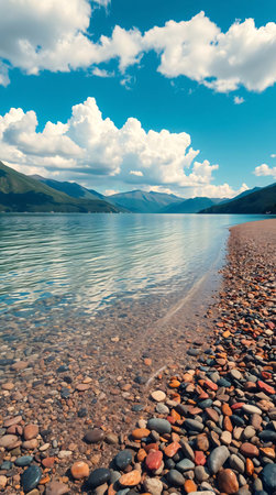 Pebble beach on the lake shore with mountains in the background.の素材