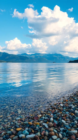 View of the lake from the shore with pebbles stone closeup.の素材