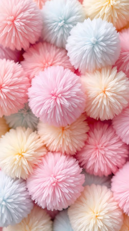 Colorful paper pompoms as background, closeup. Soft focusの素材