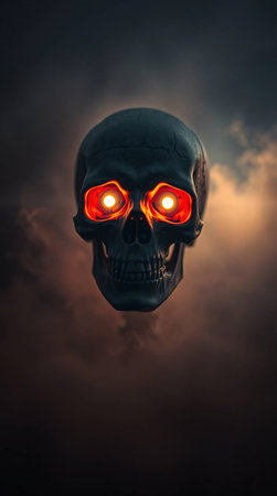 Skull with red light and smoke on dark background. Halloween conceptの素材