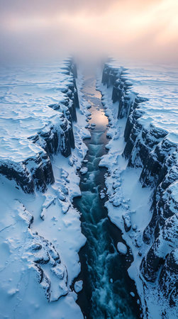 Icelandic winter landscape with frozen river and icelandic cliffs.の素材