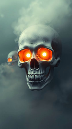 Human skull with burning eyes and smoke on dark background. Halloween conceptの素材
