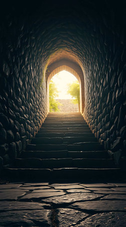 Stone stairway leading to the sun through a tunnel in a castle.の素材