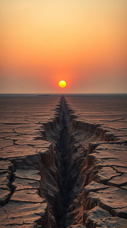Sunrise over the cracked ground soil desert landscape .の素材