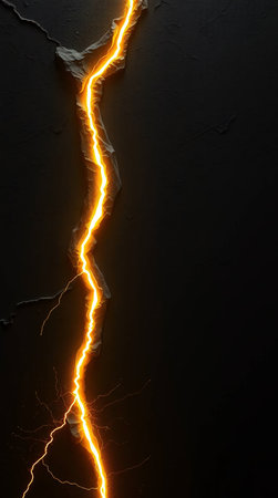 Lightning crack on black background. Lighting strike on black wall.の素材
