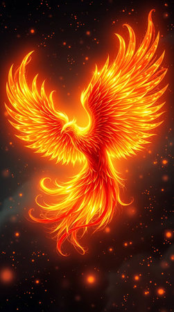 Stylized fire bird on dark space background.の素材