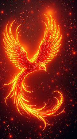 Glowing red bird on a dark background with stars.の素材