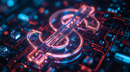 Futuristic glowing dollar sign on computer circuit board. 3d renderingの素材