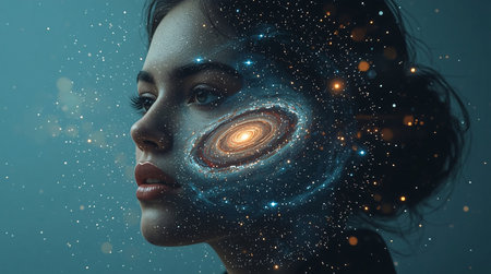 Portrait of a beautiful young woman with cosmic make-up.の素材