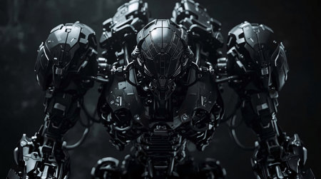 Cyborg in black armor on dark background. 3D rendering.の素材