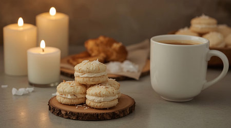 Cup of coffee and cookies with marshmallows on grey table.の素材