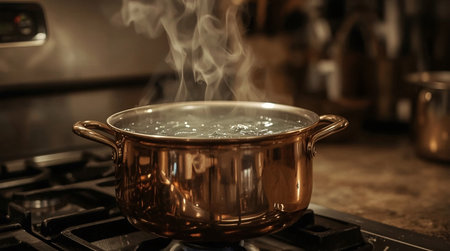 pot with boiling water on the gas stove in the kitchen of the restaurantの素材