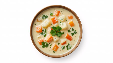 Creamy soup with carrot, potato and parsley isolated on white backgroundの素材