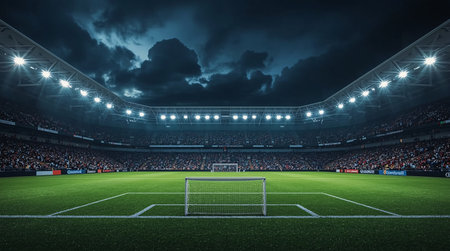 Soccer stadium at night with lights and players. 3D renderingの素材
