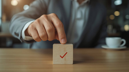 businessman hand check mark on wooden cube in office, business conceptの素材
