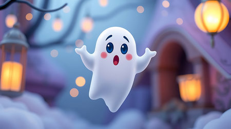 Cute ghost in the shape of a house. 3d renderingの素材