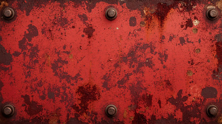 Old rusty metal background with rivets and corrosion. Red color.の素材