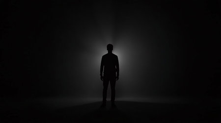 Silhouette of a man standing in front of a light beam on a dark backgroundの素材