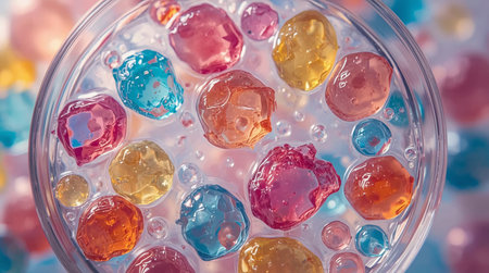 Colorful jelly candies in a glass vase on a blue backgroundの素材
