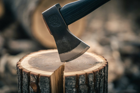 Axe stuck in a tree stump. Axe stuck in a tree stump.の素材