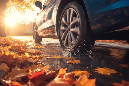 Car rides through a puddle with yellow maple leaves in autumn.の素材