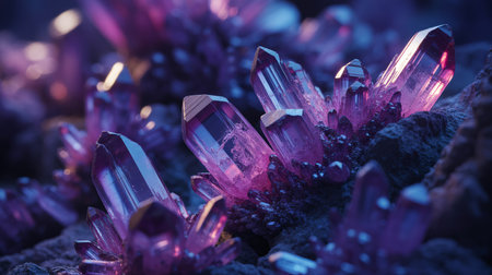 amethyst crystals on a dark background. 3d rendering toned imageの素材
