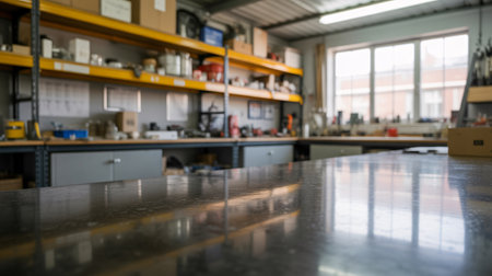 Blurred image of a workbench in a warehouse for background usage.の素材