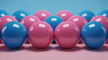 Pink and blue easter eggs on a blue background. 3d renderの素材