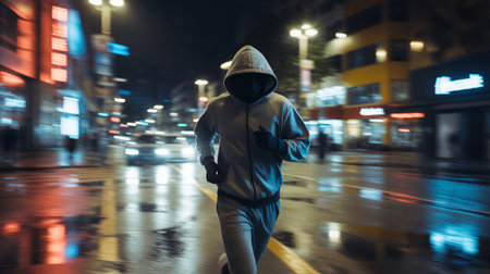 Back view of young man in hooded jacket running in city at nightの素材
