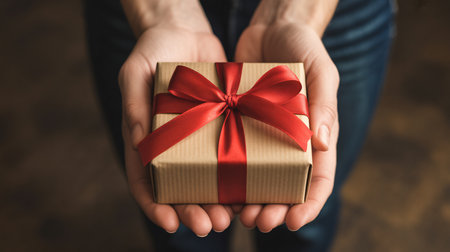 Female hands holding a gift box with a red ribbon on a dark backgroundの素材