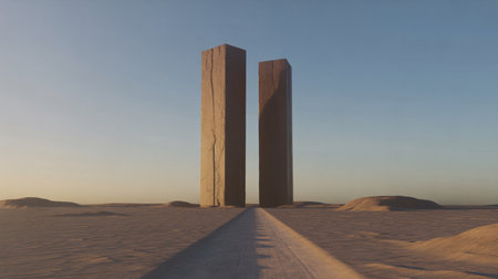 Two pillars in the desert. 3D render. Conceptual image.の素材