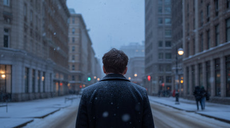Young man in a raincoat on the background of a city street.の素材