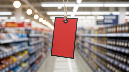 Blank red price tag on blurred background of supermarket aisle with shelvesの素材