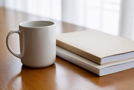 coffee cup and book on wood table in coffee shop, stock photoの素材
