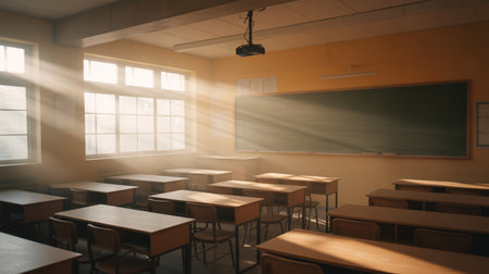 Classroom with desks and chairs in the light of the morning sunの素材