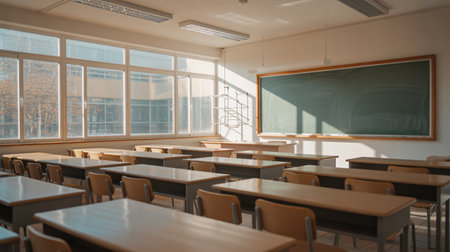 Interior of a school classroom with empty desks and chairs.の素材