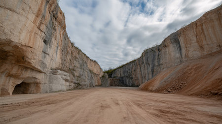 Landscape view of a limestone quarry with cloudy sky in the backgroundの素材