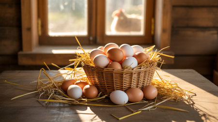 Eggs in a basket on a wooden table near the windowの素材