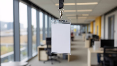 Blank ID card hanging on a keychain in a modern officeの素材