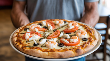 Pizza with shrimp, mozzarella cheese and olives.の素材