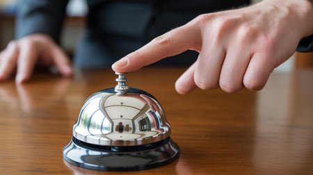 Close-up of hotel service bell on the table with female handの素材